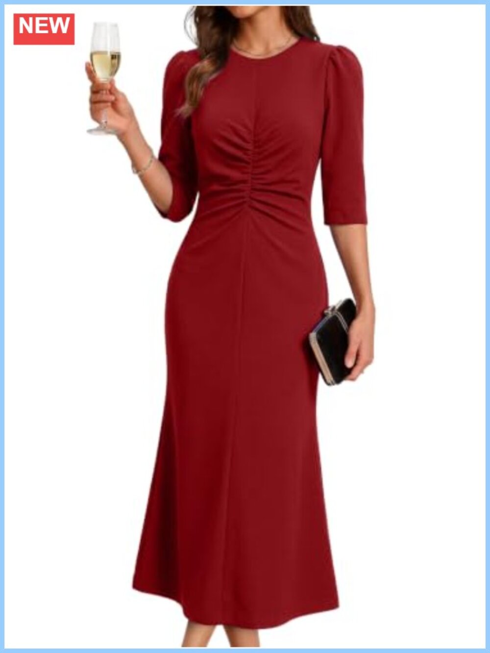 Women's 3/4 Sleeve Mermaid Midi Dress Ruched Waist Business Casual